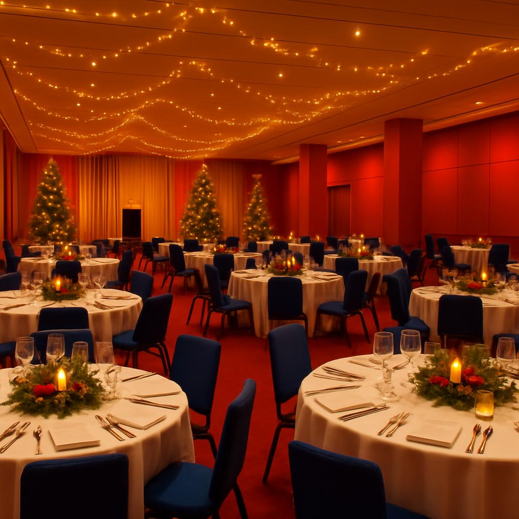 A gala event hall is set with round tables covered in white tablecloths, decorated with wreaths, candles, and place settin...