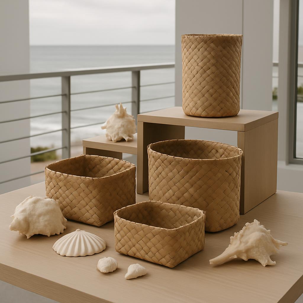 Baskets and seashells on a tan-colored table overlooking the ocean.
