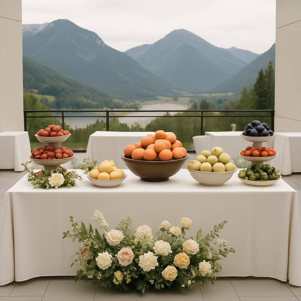 A table with various fruits in Front range mountains, exterior venue setting, White coverings and flowers, natural style.