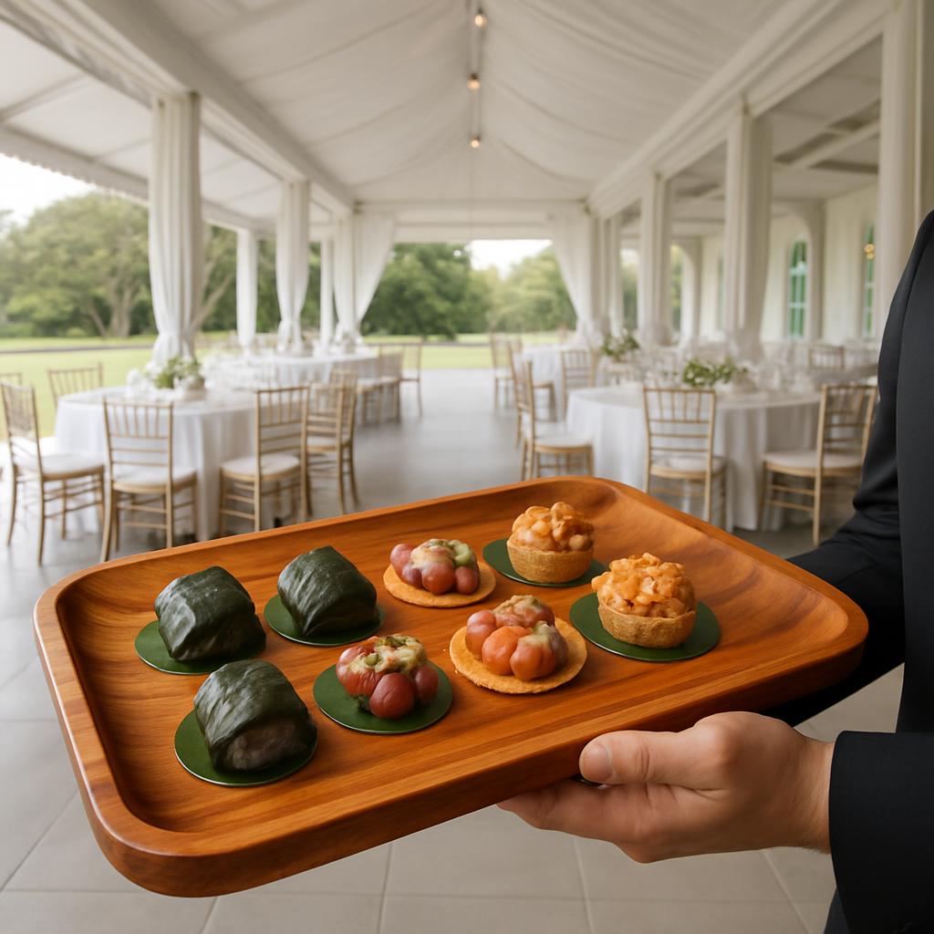 A caterer holds a tray of small, upscale appetizers such as tartlets and sushi in what appears to be a tent venue, likely ...