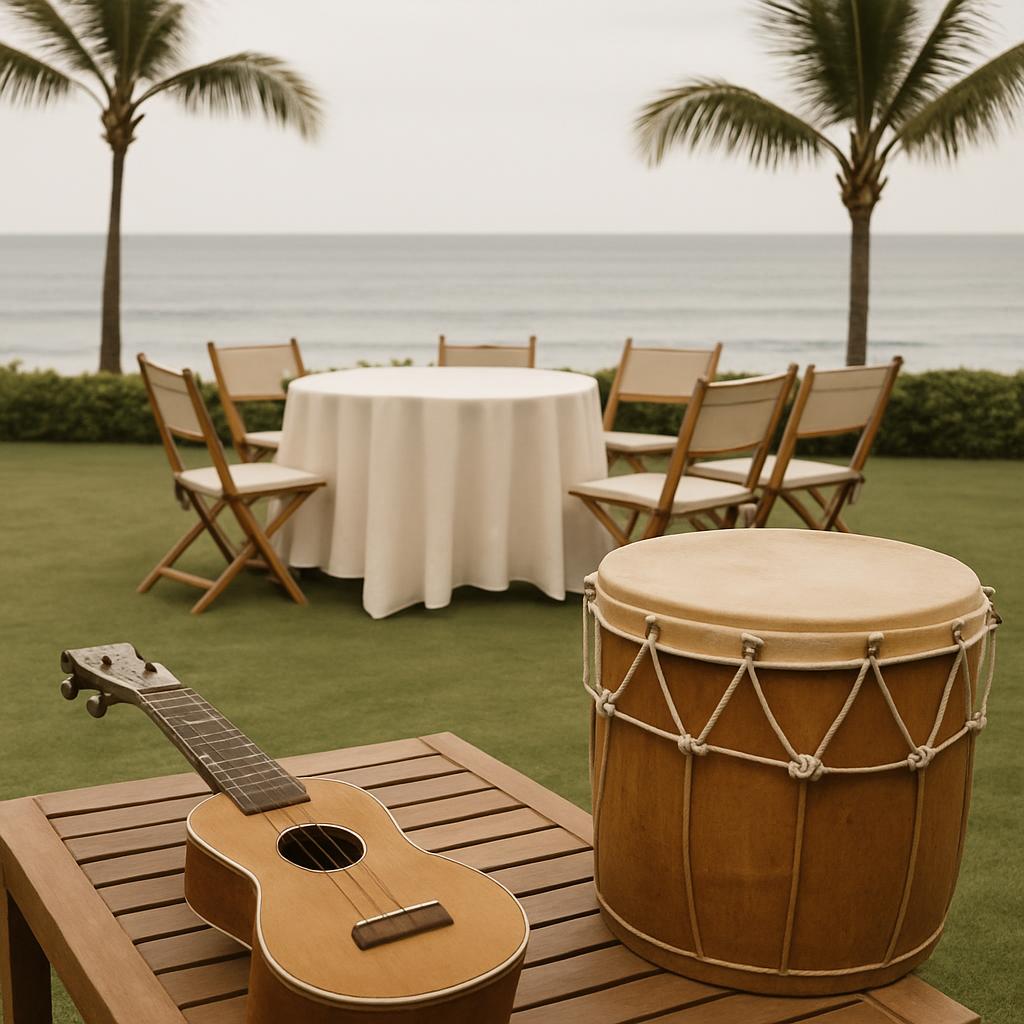 A wooden guitar is placed on a wooden table, alongside a large drum, with palm trees and the sea visible in the background...