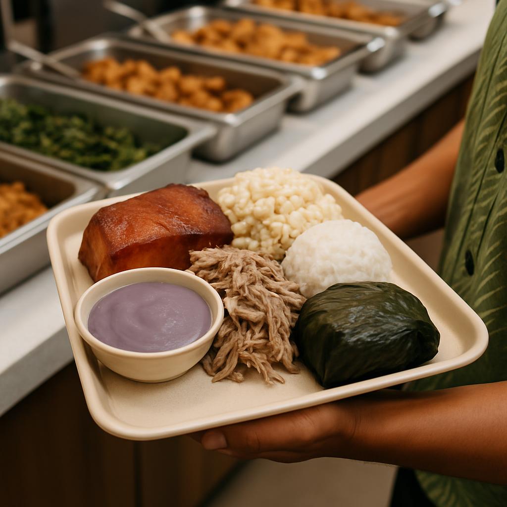 Tropical dish of fish, pork, macaroni, rice and purple sauce.