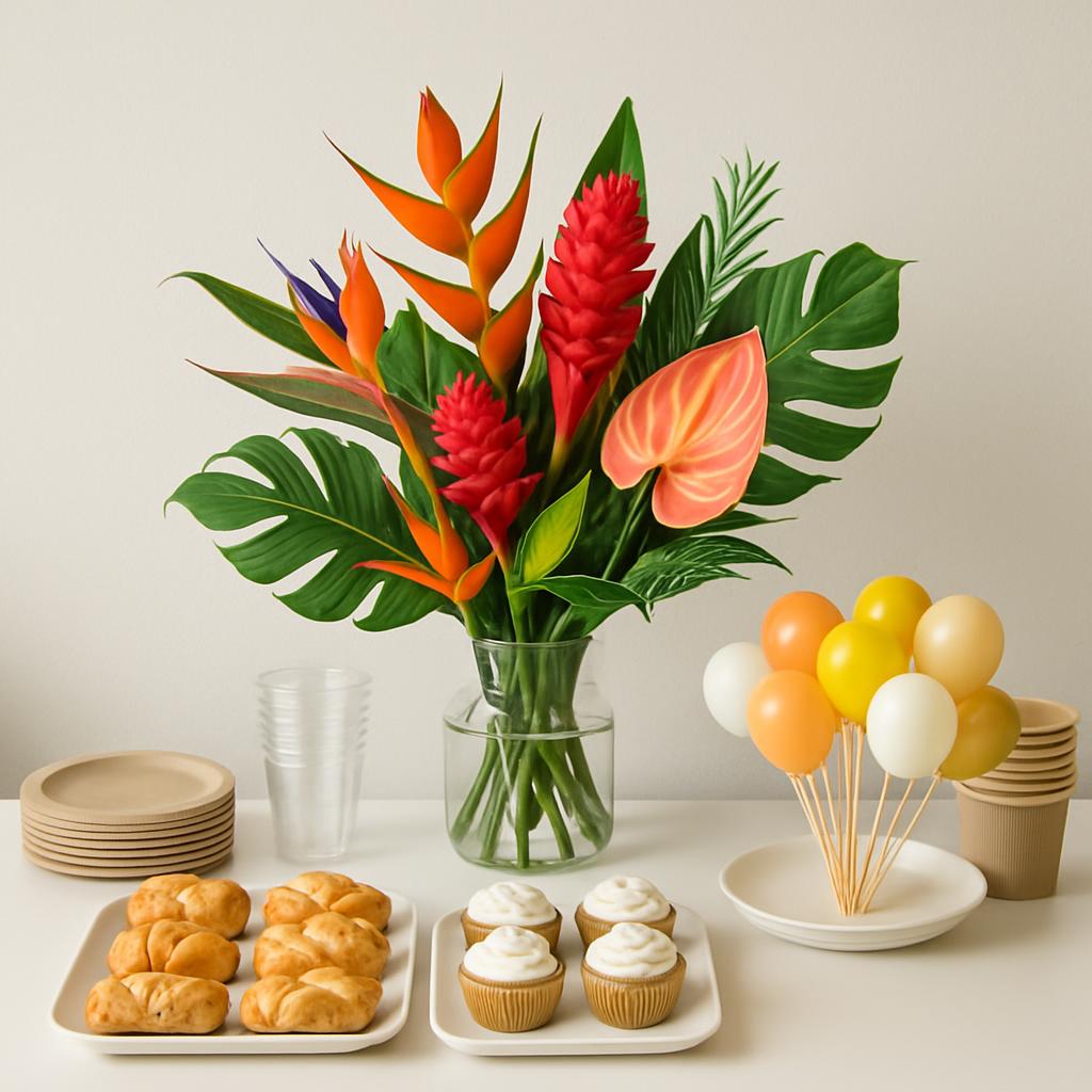 A tropical floral arrangement featuring heliconia, anthurium, and monstera leaves set against a backdrop of white party ta...